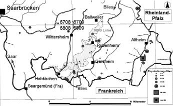 Abb. 4: Verbreitung des Goldenen Scheckenfalters im Bliesgau/Saarland (Stand 31.12.2002). Grau gefärbt: das Groß-Naturschutzgebiet Bliesgau Auf der Lohe.