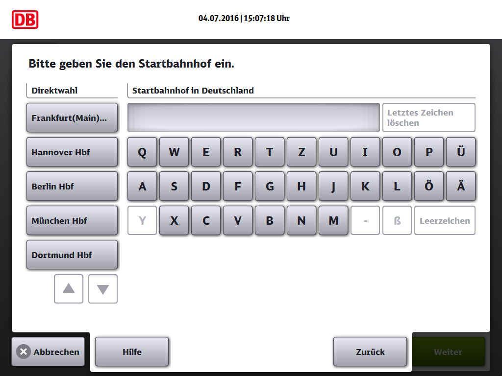 Zur Unterstützung der Bahnhofssuche werden im linken Maskenteil zunächst die großen Bahnhöfe der Deutschen
