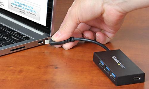 Bereiten Sie sich auf USB-C vor Mit diesem USB 3.1 Gen 1-Hub können Sie Ihre USB-Anschlussoptionen mithilfe des USB-C-Anschlusses Ihres Computers erweitern.
