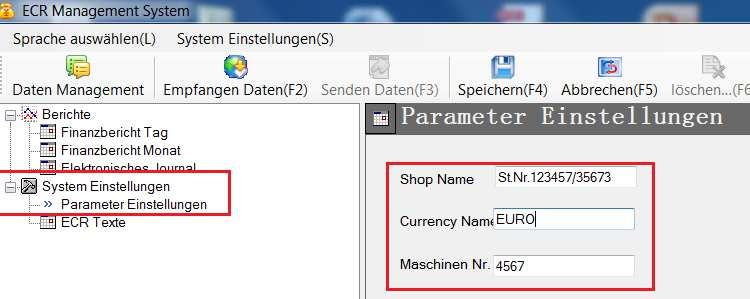 Unter dem Punkt [System Einstellungen] wird der - Shop-Name - Währung- Name - ECR# angezeigt. Diese Daten müssen angelegt werden.