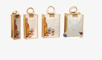 BOMBAY bombay Jutetaschen Modell A: Flaschentragetaschen mit runden Holzgriffen und Trennstegen, die nur auf einer Seite befestigt sind, so dass man die Tasche auch als Einkaufstasche verwenden kann.