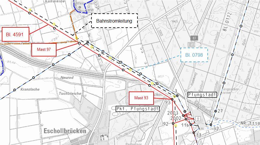Hinweise für die weitere Planung Im Rahmen der weiteren Planung wird geprüft, inwieweit die 110-kV-Freileitung Bl. 0798 (Eigentümer: RWE Deutschland AG) im Abschnitt zwischen den Masten 97 und 93 (Bl.