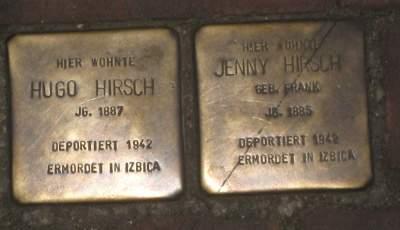 Hirsch, Hugo Geb. 7.6.1867, am 22.4.1942 nach Izbica. (Jude) Marktstr. 15 (früher: Borbecker Str. 140) Stolperstein am 24.1.2006 verlegt. Pate: Mitarbeiter der Sutter-Gruppe.
