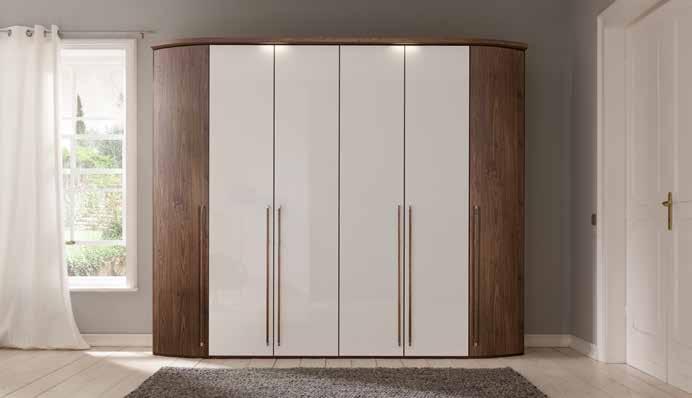 / Chrom Hinged door wardrobe // 6 doors, with rounded elements // body: imit. macadamia nutwood // front: imit. macadamia nutwood /high-gloss white // handle: imit.