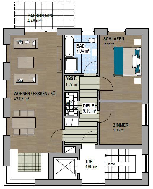 Wohnung 2 im Obergeschoss Grundriss und Wohn-/Nutzflächen 3 Zimmer-Wohnung : Wohnen/ Essen/ Kochen Schlafen Zimmer Bad WC