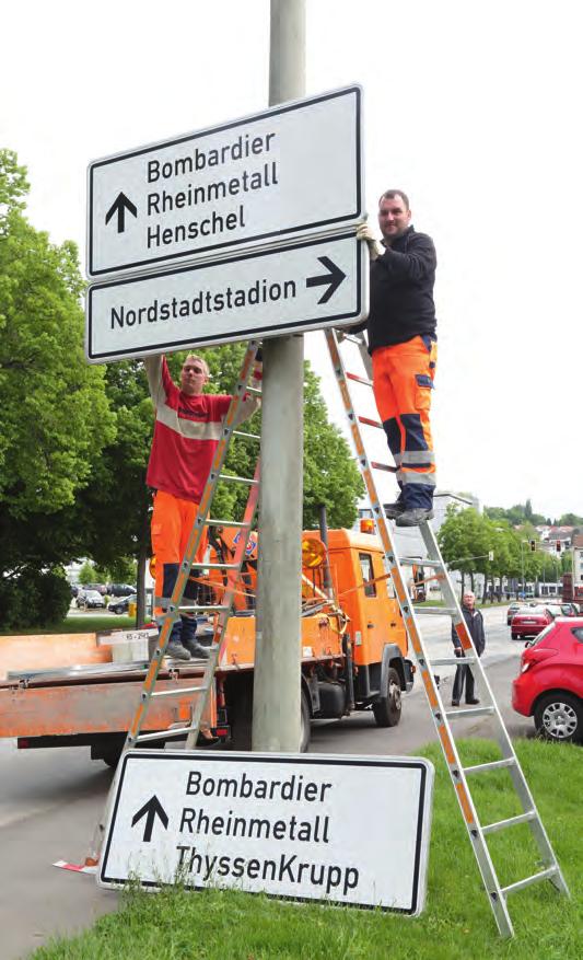 Verkehrsführung Name HENSCHEL nun zurück im Stadtbild Beschilderung zum Kasseler Standort im Werk Mittelfeld erneuert Andreas Rauhut: Wir haben die Stadt Kassel auf die 2004 angebrachten Schilder