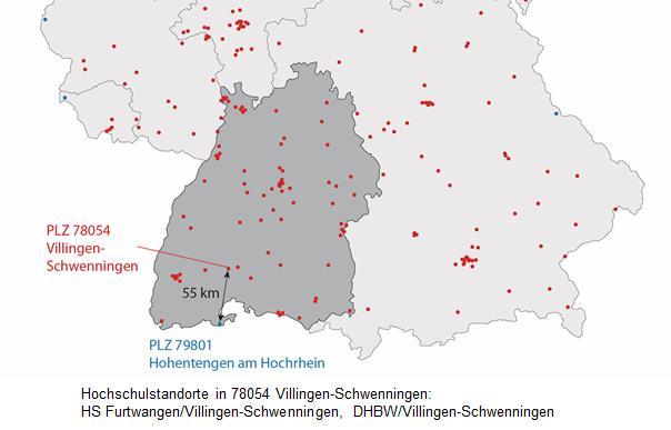 Weiteste Entfernung zum nächstgelegenen Hochschulstandort 4 Der Postleitzahlbezirk mit der maximalen Entfernung zum nächstgelegenen Hochschulstandort in Baden-Württemberg ist 79801 Hohentengen am