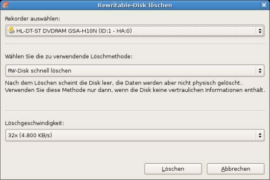 12 Fenster Wiederbeschreibbare Disk löschen Fenster Wiederbeschreibbare Disk löschen Mit Nero Linux können Sie wiederbeschreibbare Disks, d.h. Disks mit der Spezifikation RW, löschen, sofern Ihr Brenner diese Funktion unterstützt.