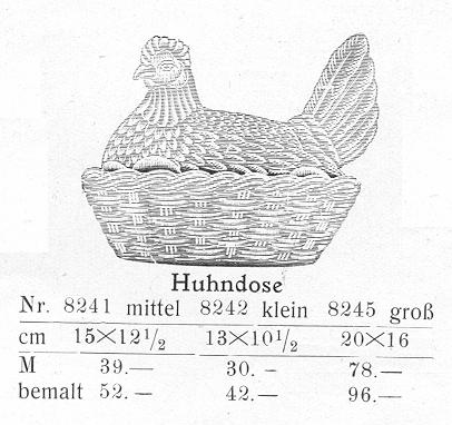 Abb. 2000-4/044 Deckeldose Henne im Korb aus MB Brockwitz 1928, Tafel 87, Zuckerdosen Huhndose Nr. 8241, 8242 und 8245 s.a. MB Brockwitz 1915, Tafel 98, Zuckerdosen, Nr.