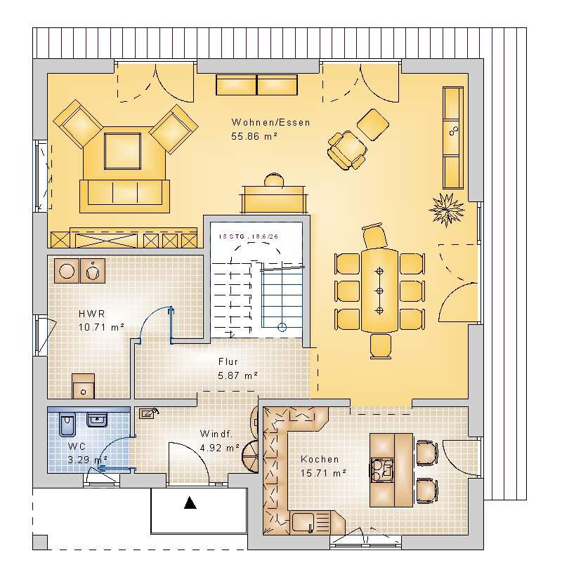 nach Wohnflächenverordnung I EG Wohnfläche EG Wohnen/Essen Kochen HWR Flur Windfang WC Erdgeschoss Wohnfläche OG Eltern Kind Bad Dachterrasse