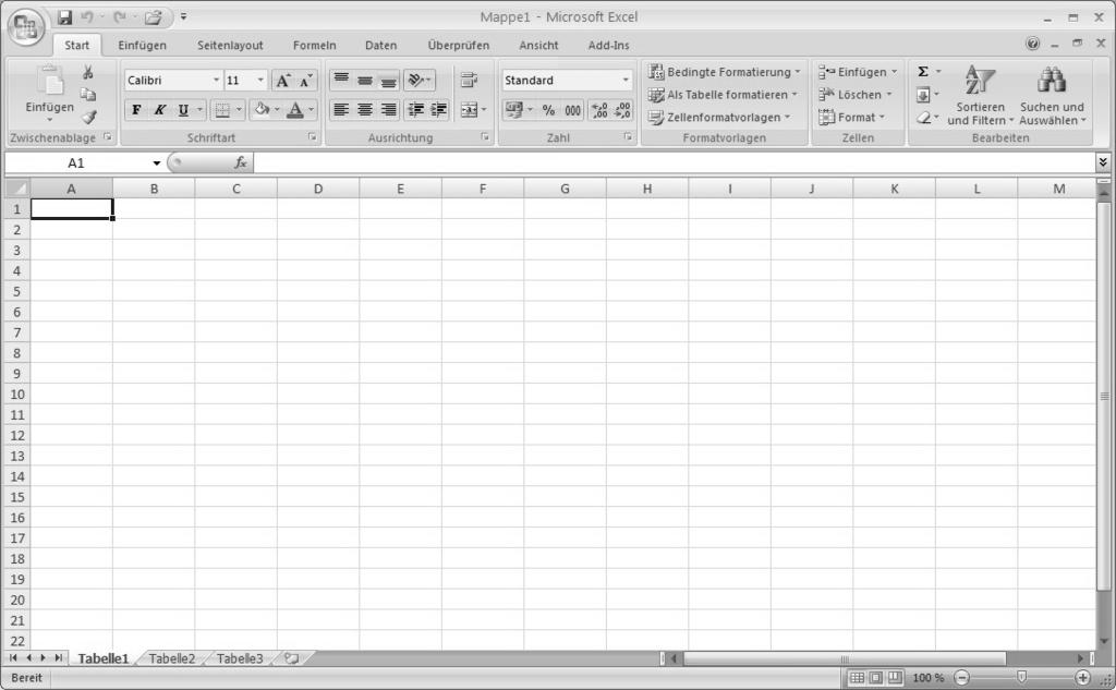 Für Anwender die frühere Versionen von Excel kennen bietet sich hier ein völlig anderes Bild. Menüs wie sie aus früheren Office Versionen bekannt sind fehlen fast ganz.