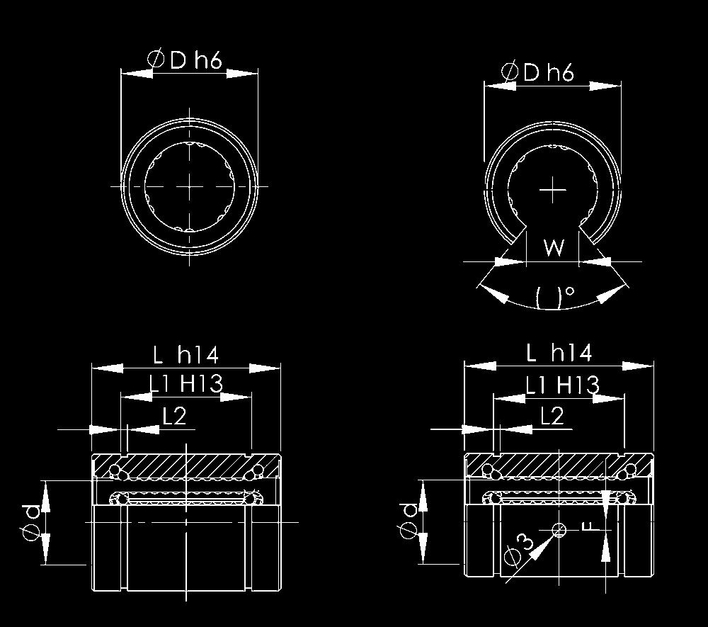 Linearkugellager SDE offen und geschlossen Vollstahlausführung Teile-Nr. Abmessungen in mm Tragzahlen in N SDE d D L L1 L2 D1 h W ( ) F dyn. stat.