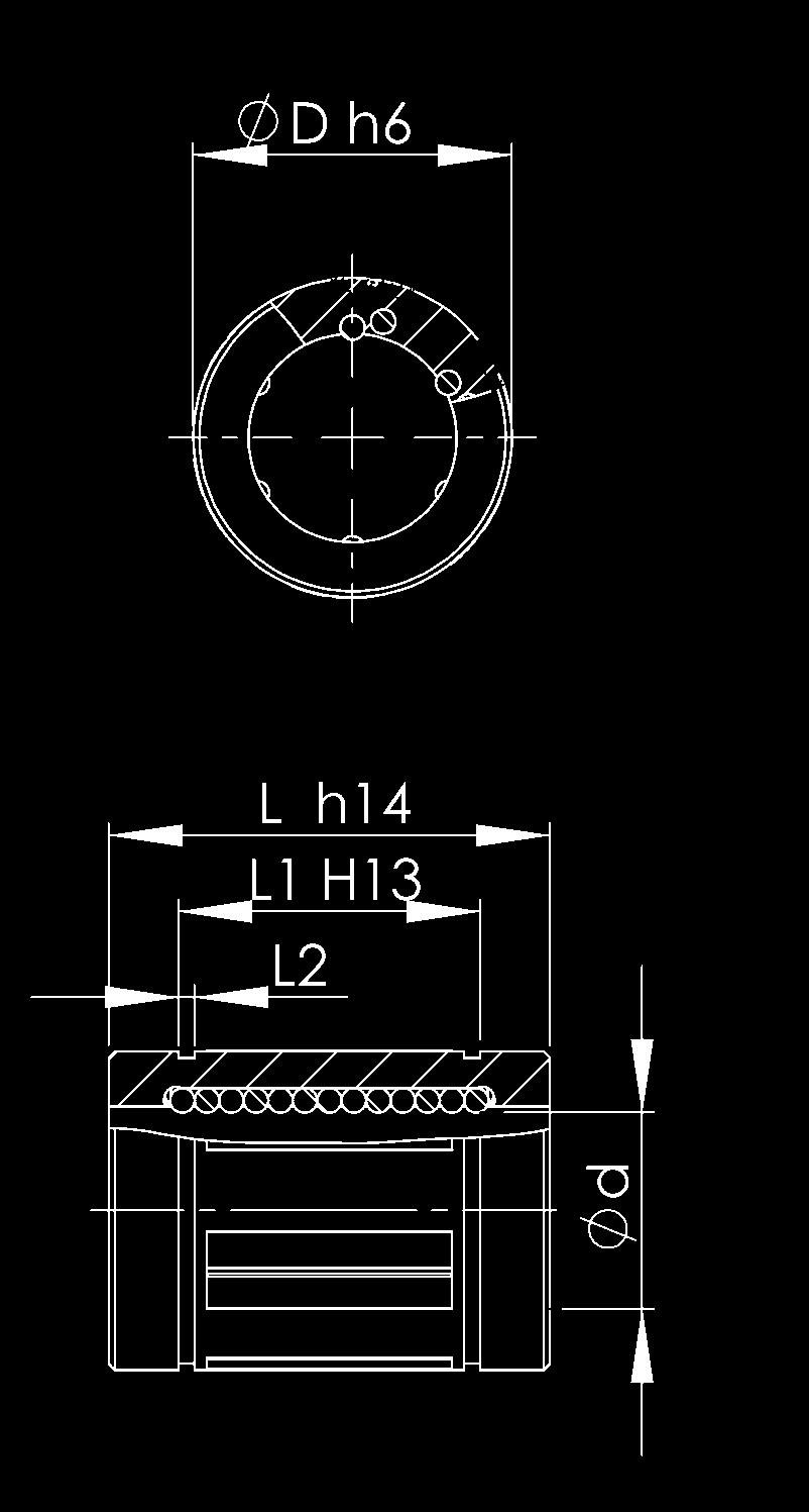 Linearkugellager SPM geschlossen Teile-Nr. Abmessungen in mm Artikel Artikel Artikel Anzahl ohne mit einem mit zwei Kugel- Tragzahlen in N Abstreifer Abstreifer Abstreifer d D L L1 L2 laufbahnen dyn.