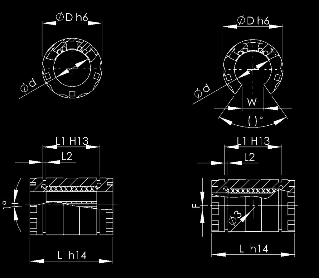 Linearkugellager SSE offen und geschlossen mit Winkelfehlerausgleich Teile-Nr. Abmessungen in mm Tragzahlen in N SSE d D L L1 L2 W ( ) F dyn. stat.