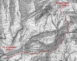 ehemaligen Bergstation der Furcia-Rossa-Seilbahn. Weiter auf deutlichem Steig zum Biwak Baccon-Baborka, von wo aus man den Gipfel der Furcia Rossa II westlich ansteigend in wenigen Minuten erreicht.