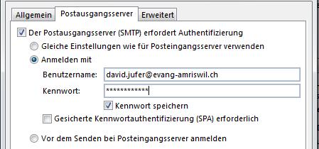 1) 2) 3) 1) Setzen Sie bei Der Postausgangsserver (SMTP) erfordert Authentifizierung den Haken.