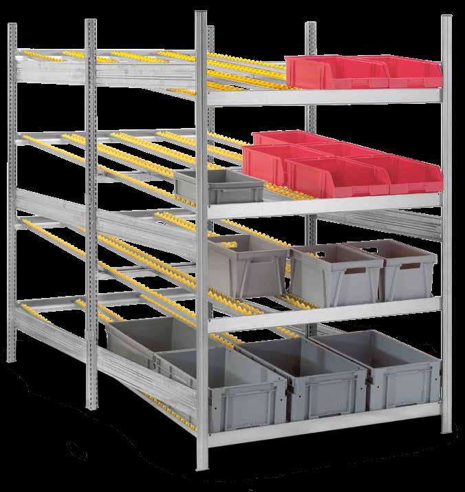 System durchlaufregale l Stecksystem ORION PLUS verzinkt Farben auf Anfrage Vorteile 200 / 400 kg Belastung pro Ebene bei gleichmäßiger Belastung Rollenbahnen sorgen dafür, dass die Ware