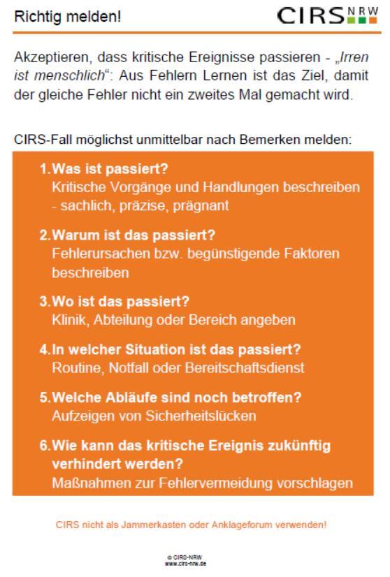 CIRS-NRW: Weiterentwicklung Kitteltaschenkarte Richtig melden!