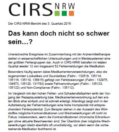 CIRS-NRW: Weiterentwicklung Berichten und Lernen: zurzeit
