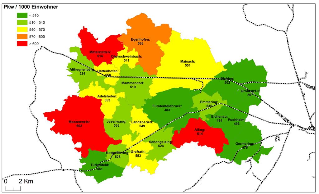 Abbildung 7: Pkw-Verfügbarkeit in den Gemeinden des Landkreises Fürstenfeldbruck Arge TUM-PSU 2012. Quelle: GENESIS Online, Open Street Map (CC-BY-SA 2.