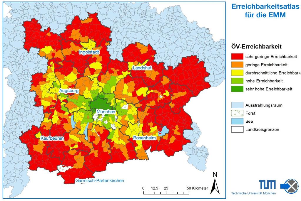 Abbildung 11: Regionale Erreichbarkeit im öffentlichen Verkehr in der Europäischen Metropolregion München (EMM) TUM-SV 2011: EMM-Erreichbarkeitsatlas Die kleinteilige Erschließung innerhalb des