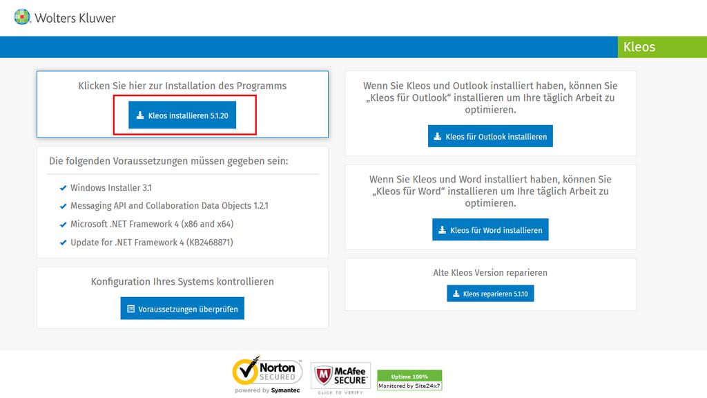 Um Kleos zu installieren, laden Sie sich zunächst die Installationsdatei von folgender Adresse herunter: https://kleos.wolterskluwer.com/germany/ Klicken Sie dazu auf den Button Kleos installieren.