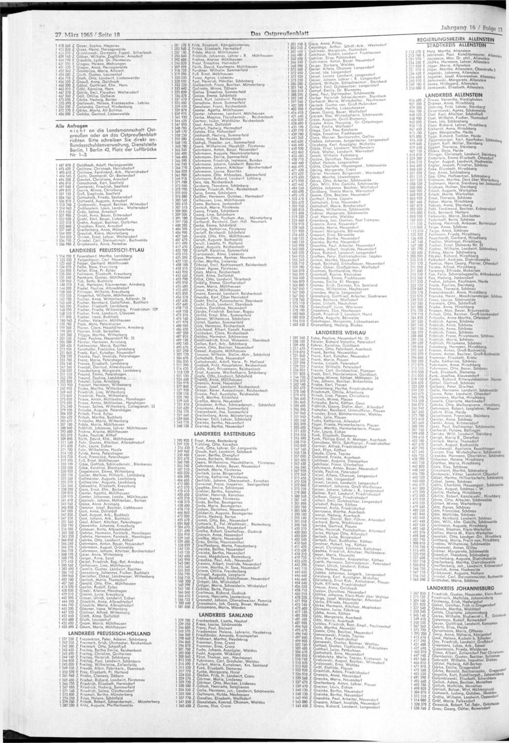 27. März 1965 / Seite 18 Das Ostpreußenblatt Jahrgang 16 / Folge 13 1 418 560 Z Geyer, Sophie. Hagenau I 42j 320 Z Giese, Heinz. Herzogswalde 1 435 290 Z G:schkowski, Germann, Eigent.