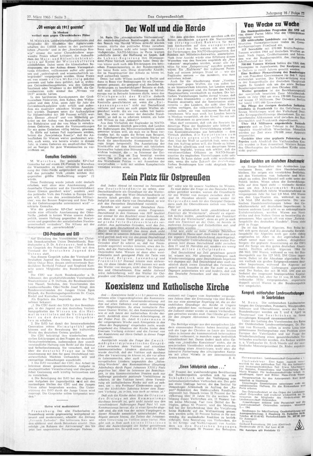 27. März 1965 / Seite 2 Das Ostpreußenblatt Jahrgang 16 / Folge ft.off weniger als 1917 geernfet" In Moskau 