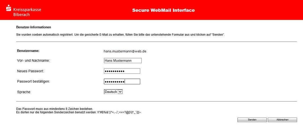 Anmeldung am Secure WebMail Interface Auf der Seite Benutzer-Informationen geben Sie bitte Ihren Vor- und Nachnamen ein.