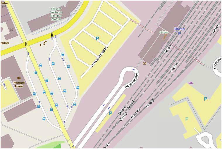 Schienenersatzverkehr Düren - Bahnhof / ZOB Bussteig A DB Regio AG, Region NRW P.R-NW-M1 Sa Daten: OpenStreetMap-Mitwirkende, ODbL.