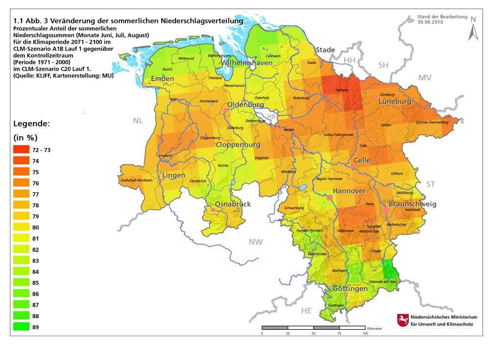 Anstoß: Klimawandel ist auch für Niedersachsen eine Herausforderung Zunahme Jahresdurchschnittstemperatur bis 2071-2100 Temperatur und Temperaturextreme werden zunehmen (Betrag