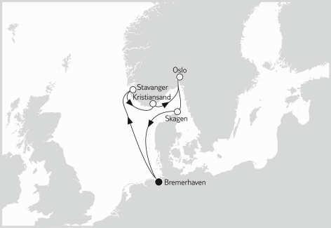 Start- und Zielhafen dieser 8-tägigen Nordland-Kreuzfahrt ist Bremerhaven. Nach einem entspannten Seetag erreichen Sie über Ålesund den weltberühmten Geirangerfjord.