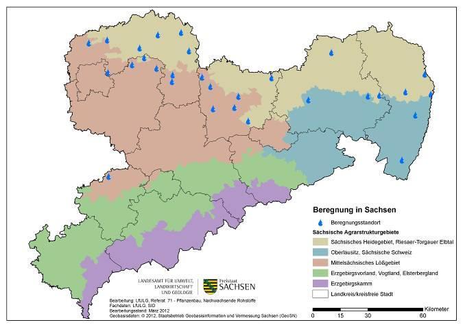 Abbildung 16: Verteilung der Bewässerungsbetriebe in Sachsen nach Agrarstrukturgebieten Die Darstellung basiert auf der Gliederung Sachsens in Agrarstrukturgebiete (nach WINKLER et al.