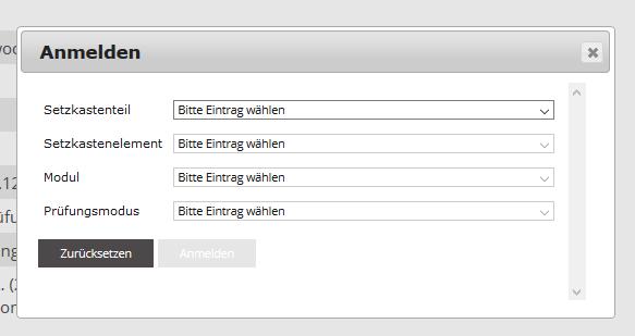 d) Nach dem Betätigen des Buttons Anmelden öffnet sich ein Dialog, in welchem die Anmeldung spezifiziert wird. Wählen Sie aus, in welchem Kontext Sie die Veranstaltung wählen möchten. e)!