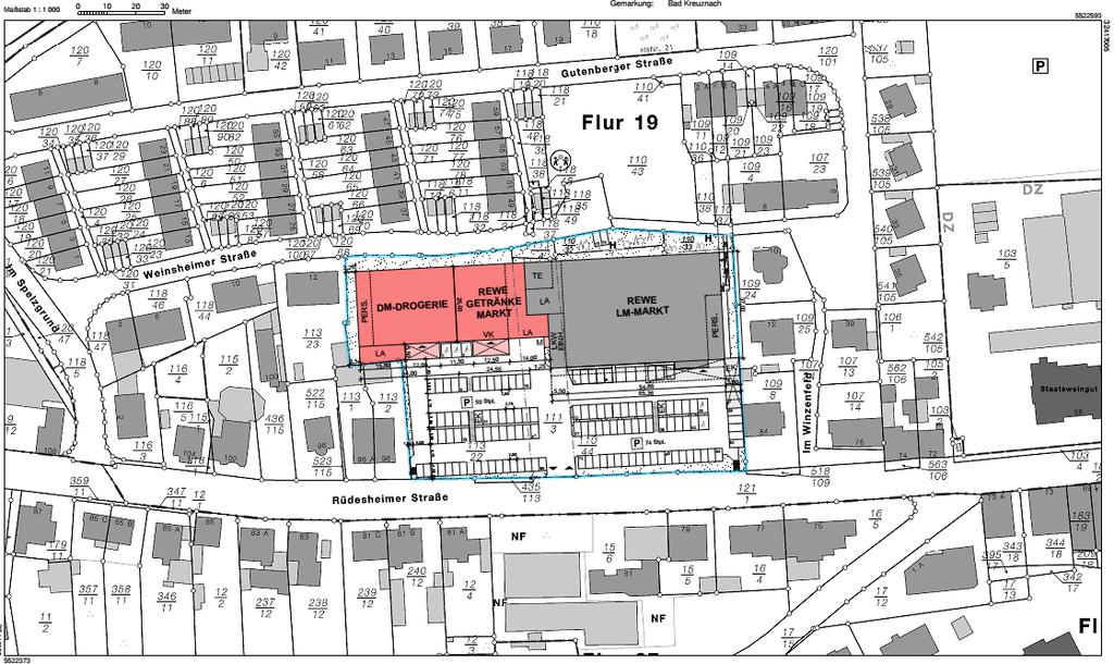 Karte 1: Standortplanung dm-drogeriemarkt und Rewe-Getränkemarkt an der Rüdesheimer Straße 86 90 in Bad