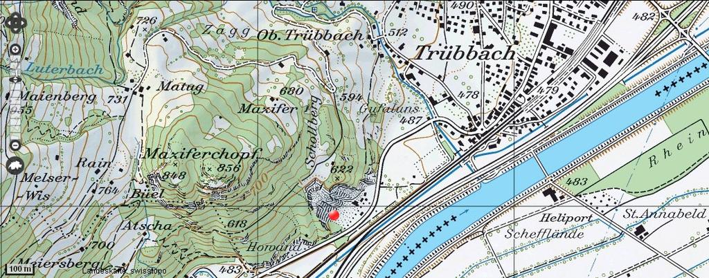 Abbildung 2 zeigt eine Kartenübersicht des Messstandorts innerhalb des Steinbruchs (rot markiert) mit dem Schollberg (Punkt 622) nördlich vom Steinbruch.