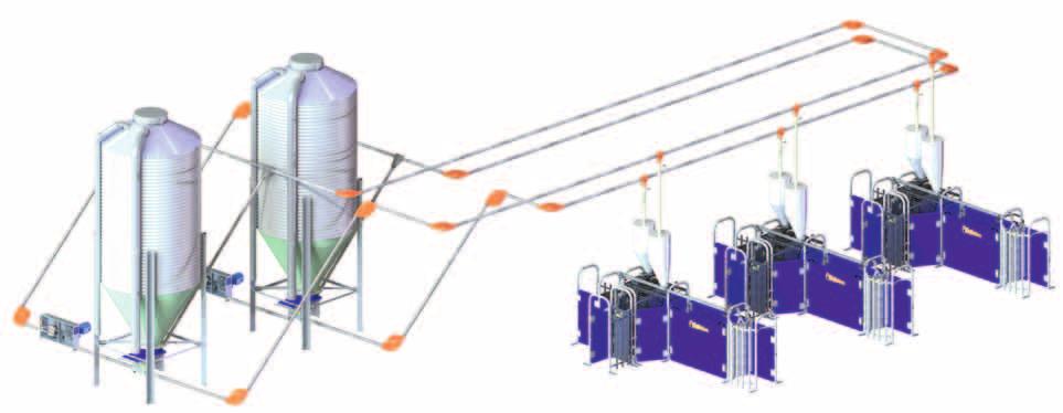 Wird ein minimales Futterniveau unterschritten, gibt der Sensor ein Signal und es erfolgt die nächste Befüllung aller Vorratsbe hälter.