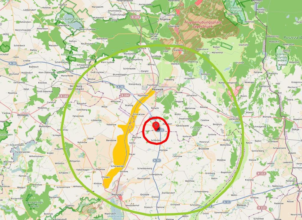 Abbildung 4 Kerngebiet (rot) und gefährdeter Bezirk (grün), mit markierter Uecker-Randow-Niederung (orange) Quelle: eigene Darstellung mit umap nach Möglichkeit dauerhaftes Ansitzen am Zaun zum