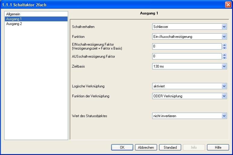 2.2. Menü Ausgange und Kommunikationsobjekte Das Menü, sei es für oder für, ist identisch. Bei geladener Applikation sind folgenden Funktionen möglich: 2.2.1 Betriebsart: Schalten mit Ein-/Ausschaltverzögerung Über den Parameter kann die Betriebsart des Relais einstellen.