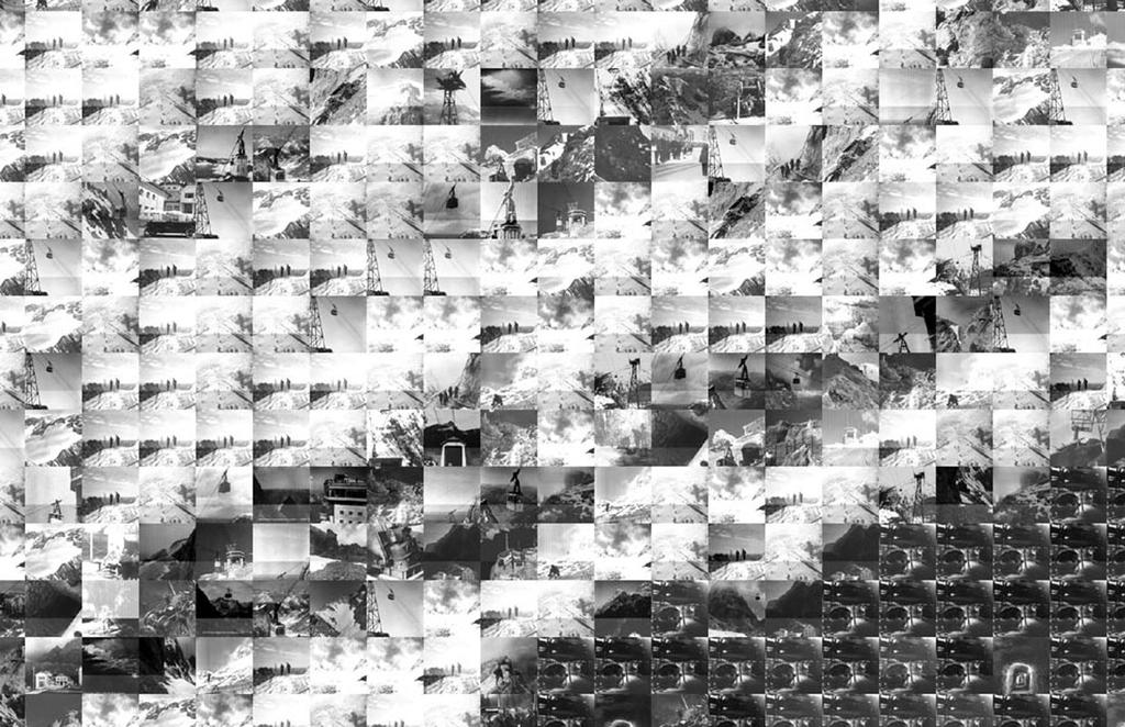 Bild: Ausschnitt aus dem Mosaik. Sinnesvisionen Das zentrale Highlight der Ausstellung auf der Zugspitze ist die Multimediavorführung im Spannraum der alten Zugspitzbahn.