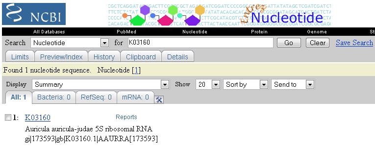 Suche in NCBI GenBank mit Accession Number Eingabe einer Accession Number führt sofort zum gewünschten Eintrag.
