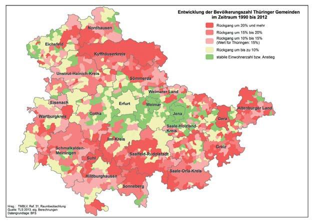 Bevölkerungsentwicklung 1990 bis 2010 Eichsfeld Nordhausen Kyffhäuserkreis Entwicklung der Bevölkerungszahl Thüringer Gemeinden im Zeitraum 1990 bis 2010 Rückgang um 20% und mehr Rückgang um 15% bis
