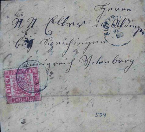 Mi. Nr. 16 auf Brief aus Eigeltingen nach Speichingen/Württemberg 3 Kr. eng gezähnt, (senkr. Bug + Eckbug) a. Bf mit schw. Nummernstpl.
