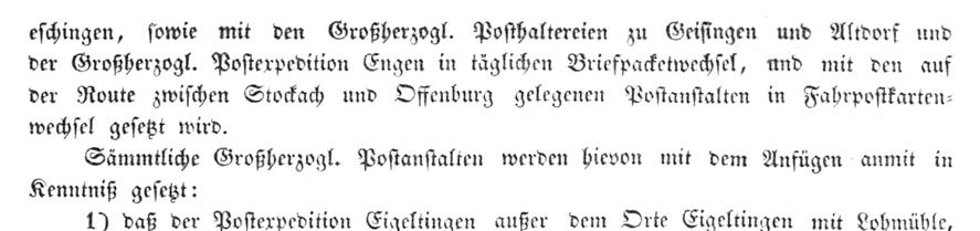 1846 in dem Pfarrdorf Eigeltingen eine Brief- und Fahrpostexpedition errichtet wird (Reg.-Bl.