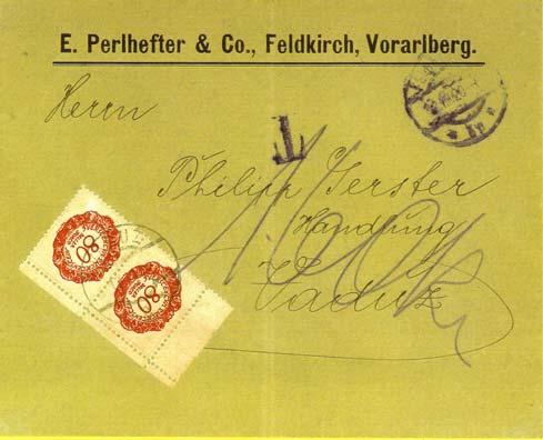 Abbildung 4: Unfrankierter Brief aus Österreich am 12.8.1920 in Vaduz mit doppeltem Inlandsporto (2 x 80 Heller) taxiert. Ausgabe von 1920 erhoben. Abbildung 4 zeigt einen unfrankierten Brief vom 12.