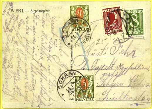 Das Porto für Auslands-Postkarten betrug in Österreich 24 Groschen ab dem 1.12.1926. Abbildung 7 zeigt eine Auslandspostkarte vom 8.1.1927 von Österreich nach Schaan, die mit 10 Groschen frankiert wurde.