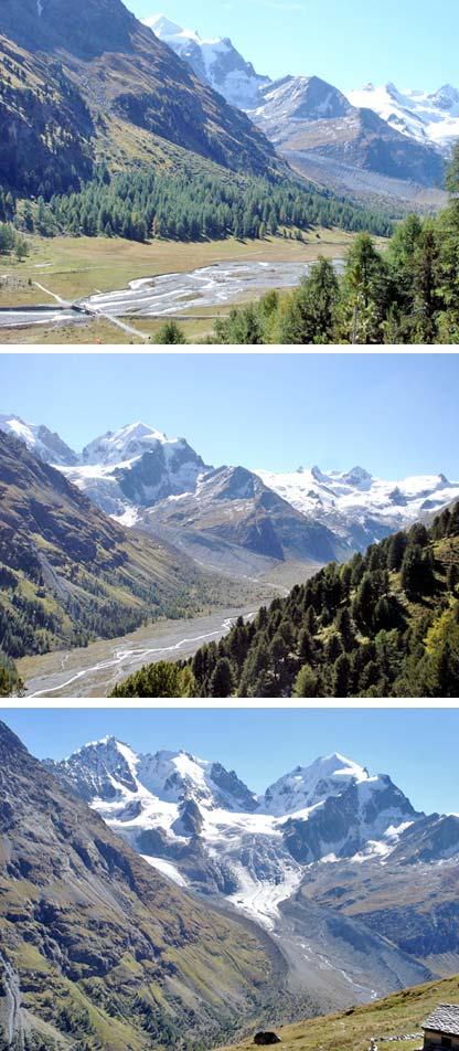 Die Bernina-Kette rückt ins Blickfeld: Der Aufstieg vom Hotel Roseg zur Fuorcla Surlej verläuft in süd-westlicher Richtung.
