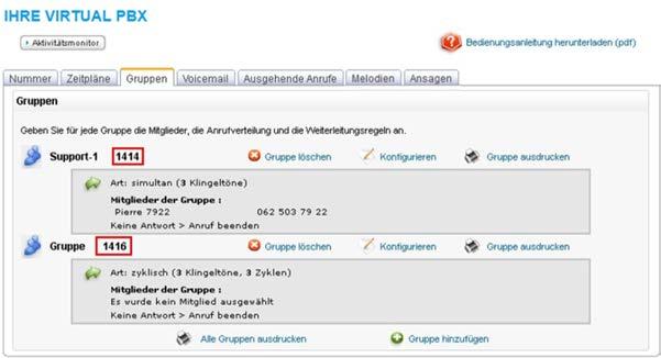 4.1 Umleitung auf eine Gruppe Mit dieser Option können die Anrufe auf eine bestehende oder zuvor von Ihnen erstellte Gruppe umgeleitet werden.