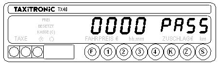 1.1.- SCHICHTBEGINN (nur für Geräte mit BG40i) Taxameter mit geschlossener Schicht Drücken Sie die F Taste. Geben Sie die Fahrernummer mit den Tasten 1, 2, 3 und 4 für jede einzelne der 4 Ziffern ein.