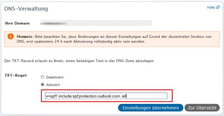 Für Office 365 mit DE-Hosting verwenden Sie bitte v=spf1 include:spf.protection.outlook.de -all.